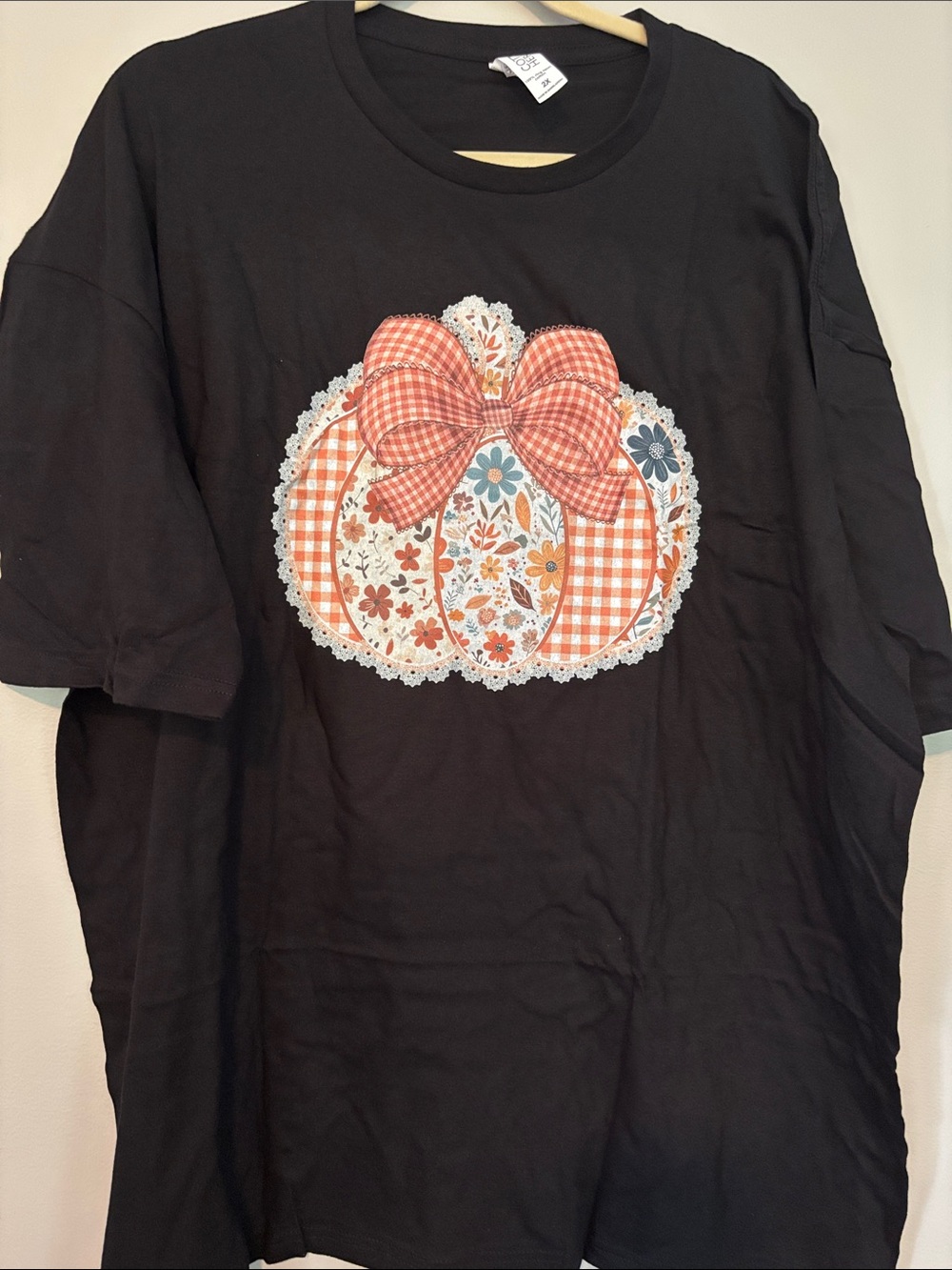 Black Short-Sleeve Tee with Orange Pumpkin Graphic and Gingham Bow NWOT